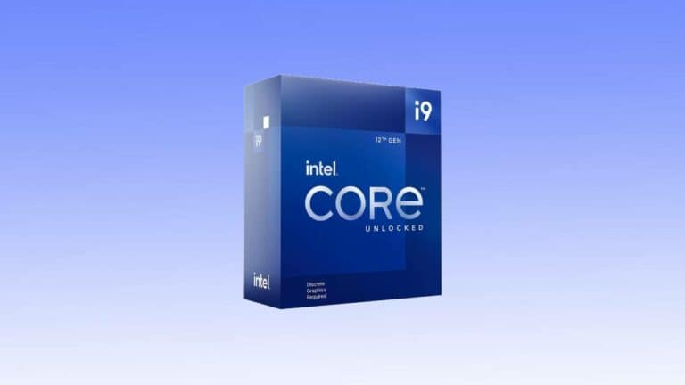 A blue box showcasing the Intel Core i9 12th Gen processor packaging, featuring "Unlocked" and "Discrete Graphics Required" text, highlights an exceptional cpu deal.