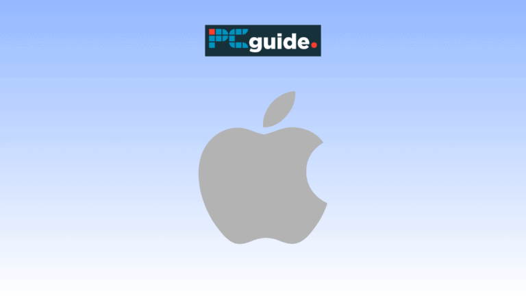 Image shows the Apple logo on a blue background below the PC Guide logo